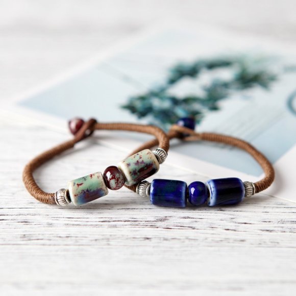 Vintage Jewelry - Ceramic Bead Charm Bracelet BOHO Bolo